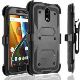 Motorola Moto G4, Moto G4 Plus Case, [SUPER GUARD] Dual Layer Protection With [Built-in Screen Protector] Holster Locking Belt Clip+Circle(TM) Stylus Touch Screen Pen (Black)